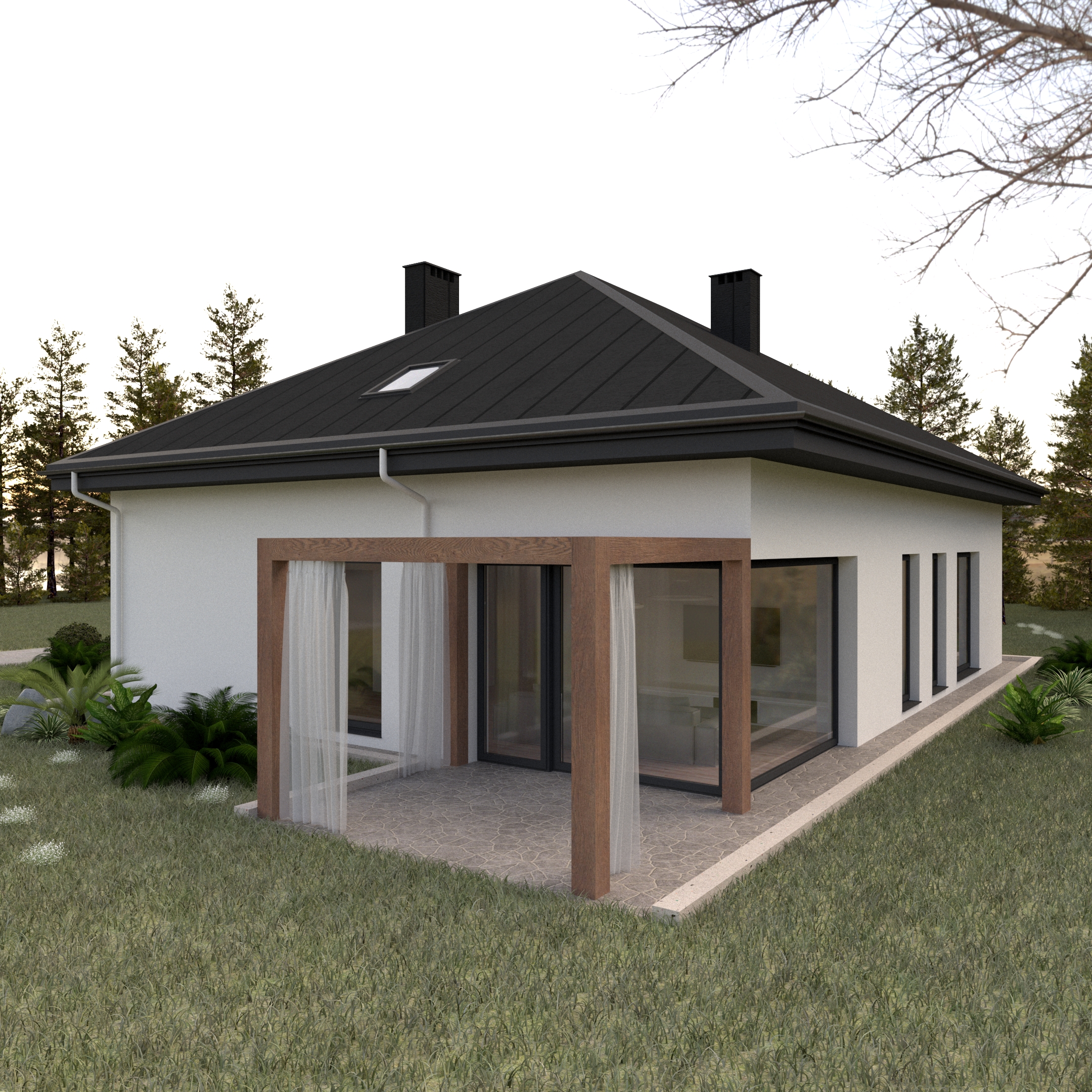 Wizualizacja ogrodu nowoczesnego domu parterowego z drewnianą pergolą i dużymi przeszkleniami