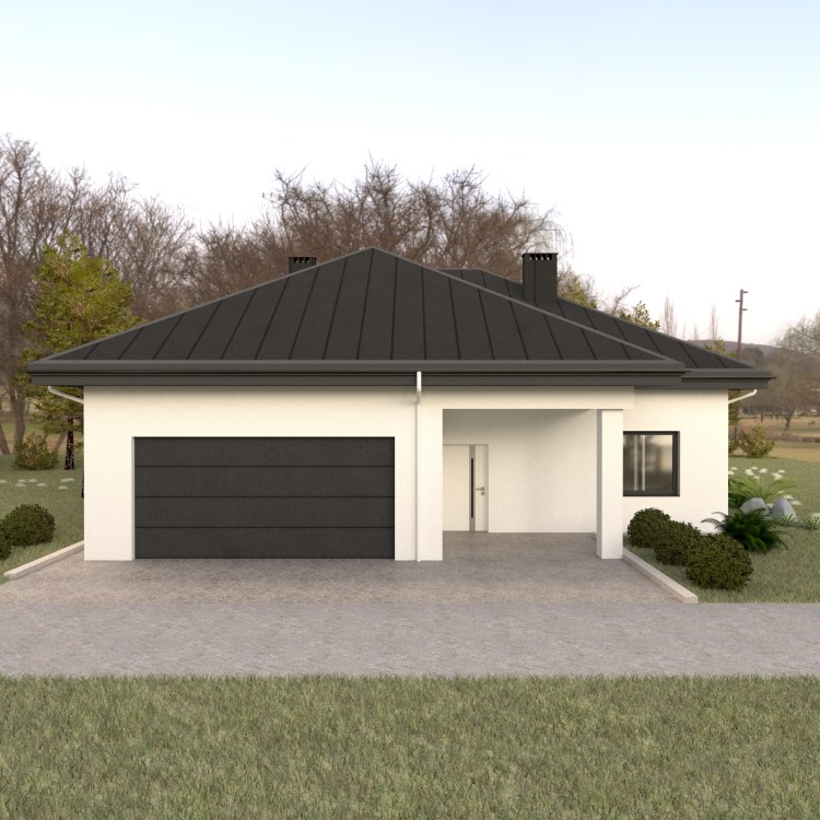 Frontowa elewacja nowoczesnego domu parterowego z garażem i zadaszonym wejściem