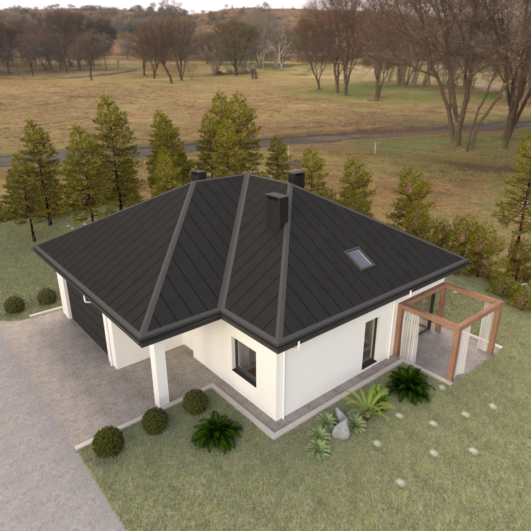 Wizualizacja nowoczesnego domu parterowego z czarnym dachem, pergolą tarasową i minimalistyczną elewacją