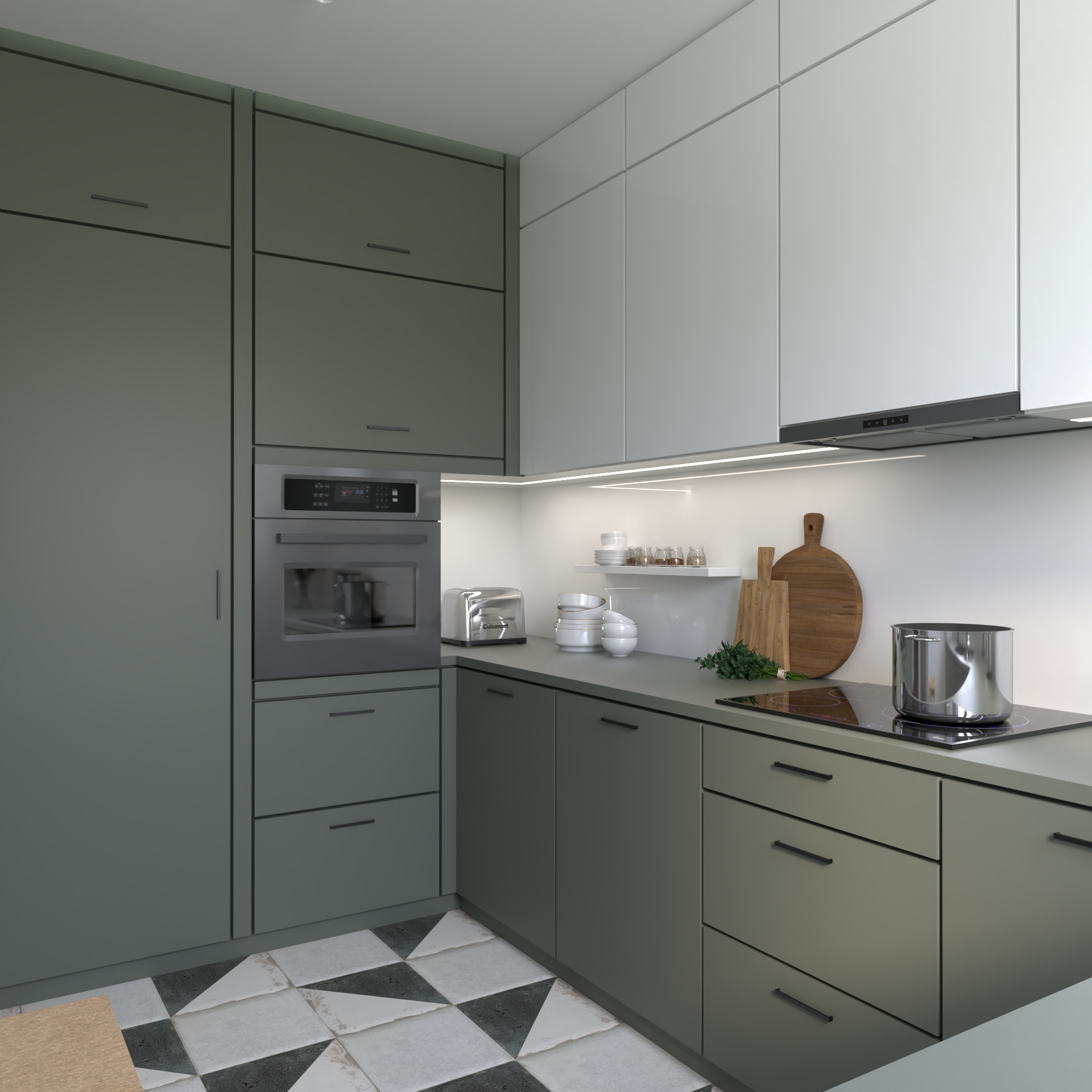 kuchnia z elementami bieli i głębokiej zieleni