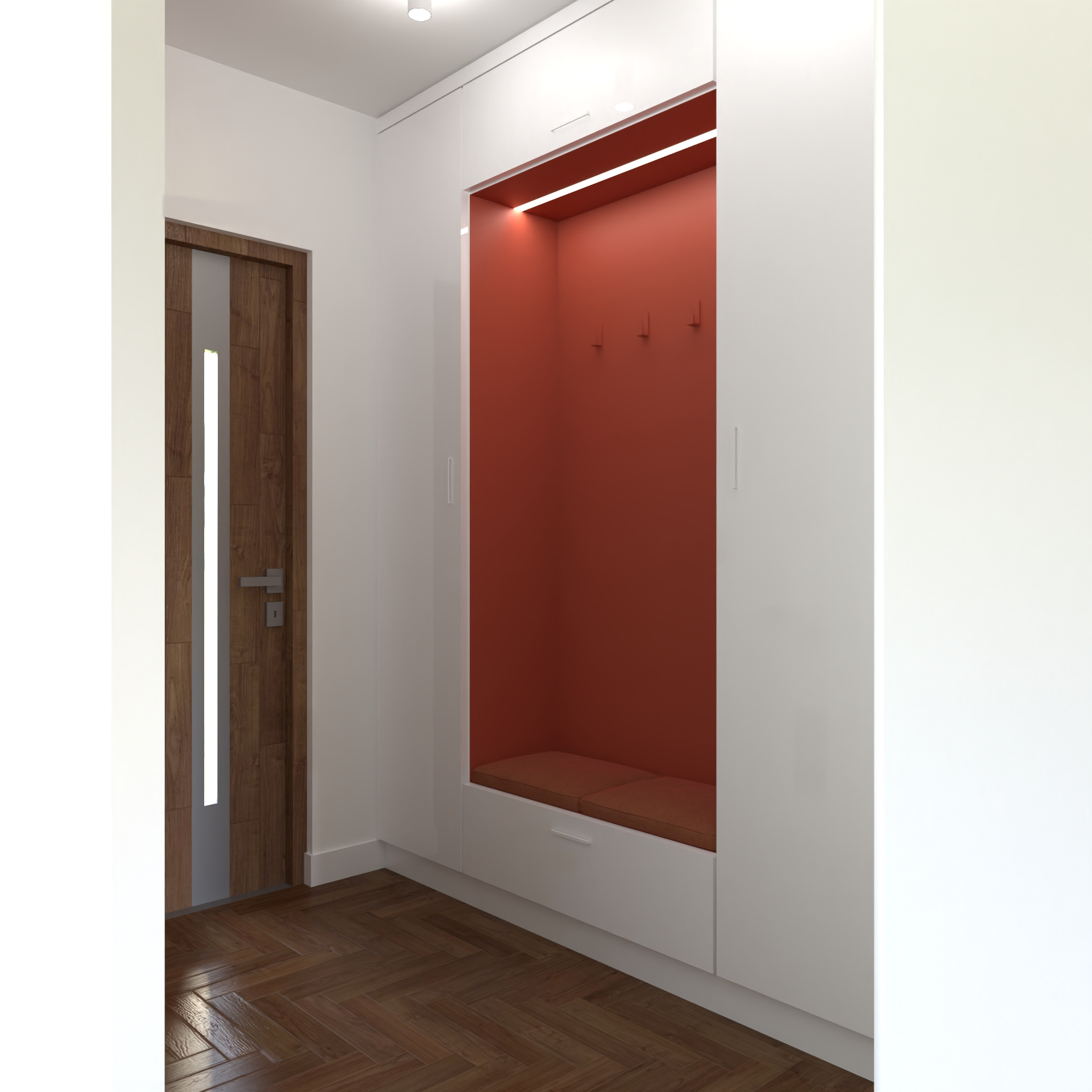 przedpokój z akcentem kolorystycznym palonej pomarańczy