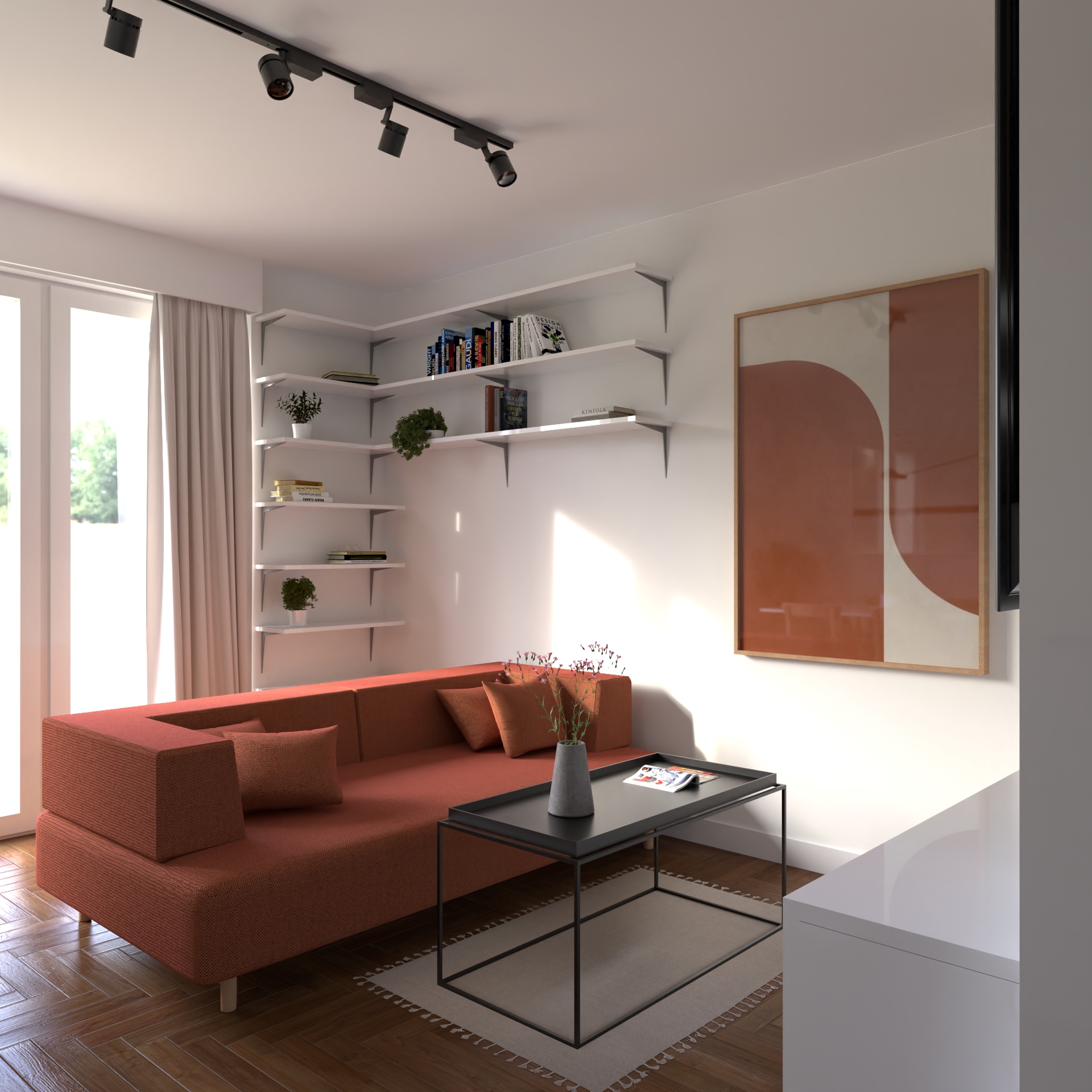 salon z akcentem kolorystycznym palonej pomarańczy