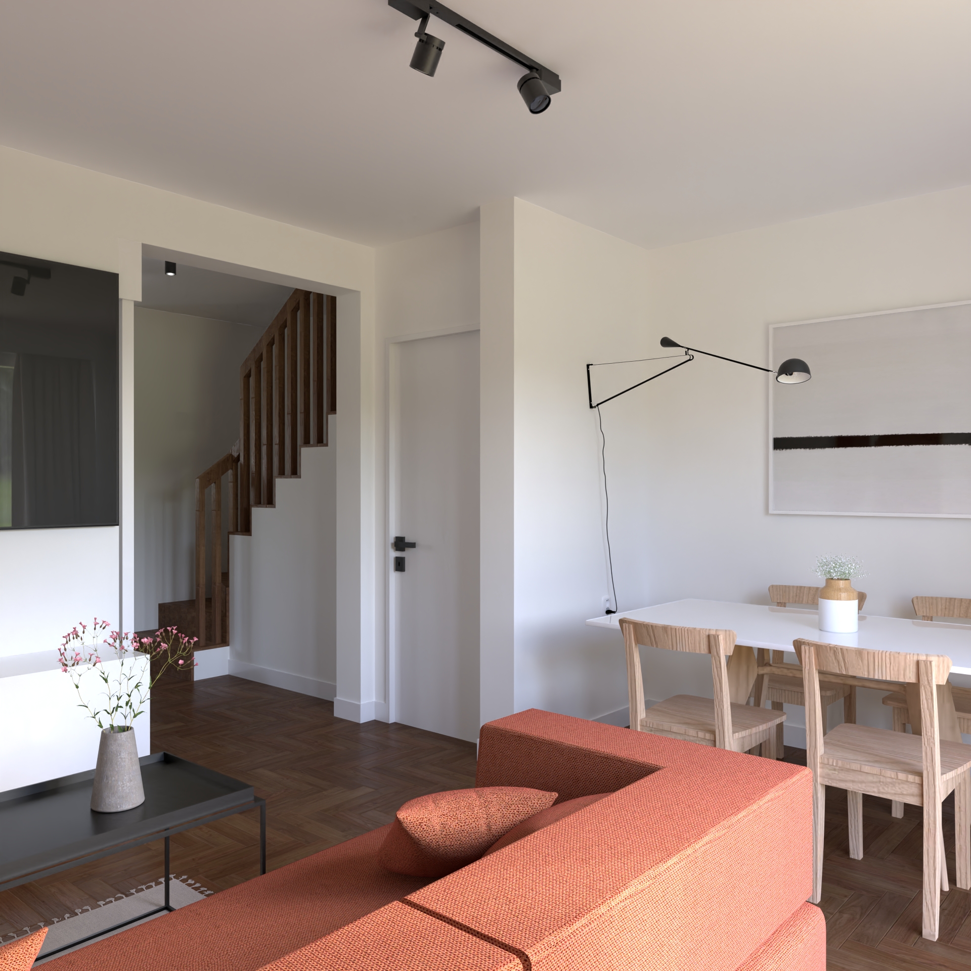 jasny kącik do spożywania posiłków z akcentem drewna