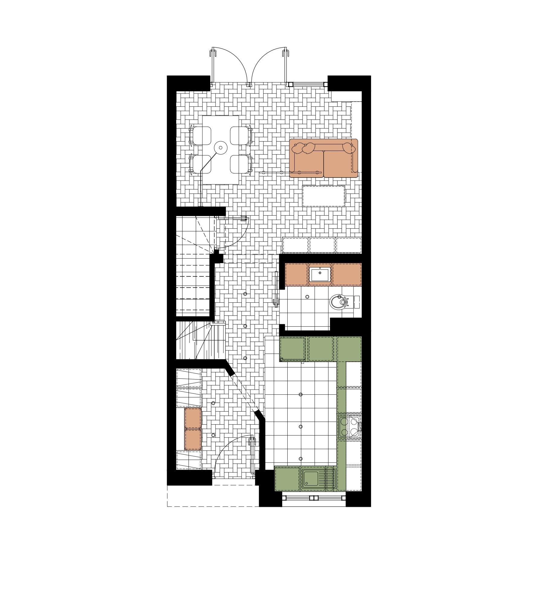 rzut wnętrza z akcentami kolorystycznymi