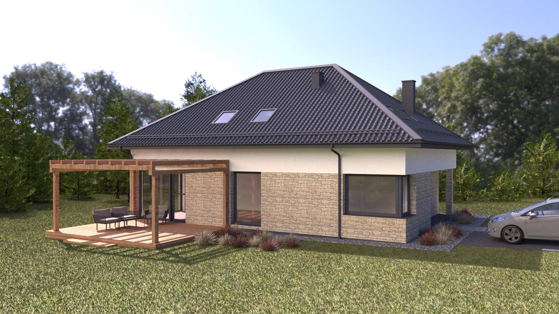 Projekt nowoczesnego domu jednorodzinnego z tarasem i dachem kopertowym – wizualizacja architektoniczna Nowy Sącz