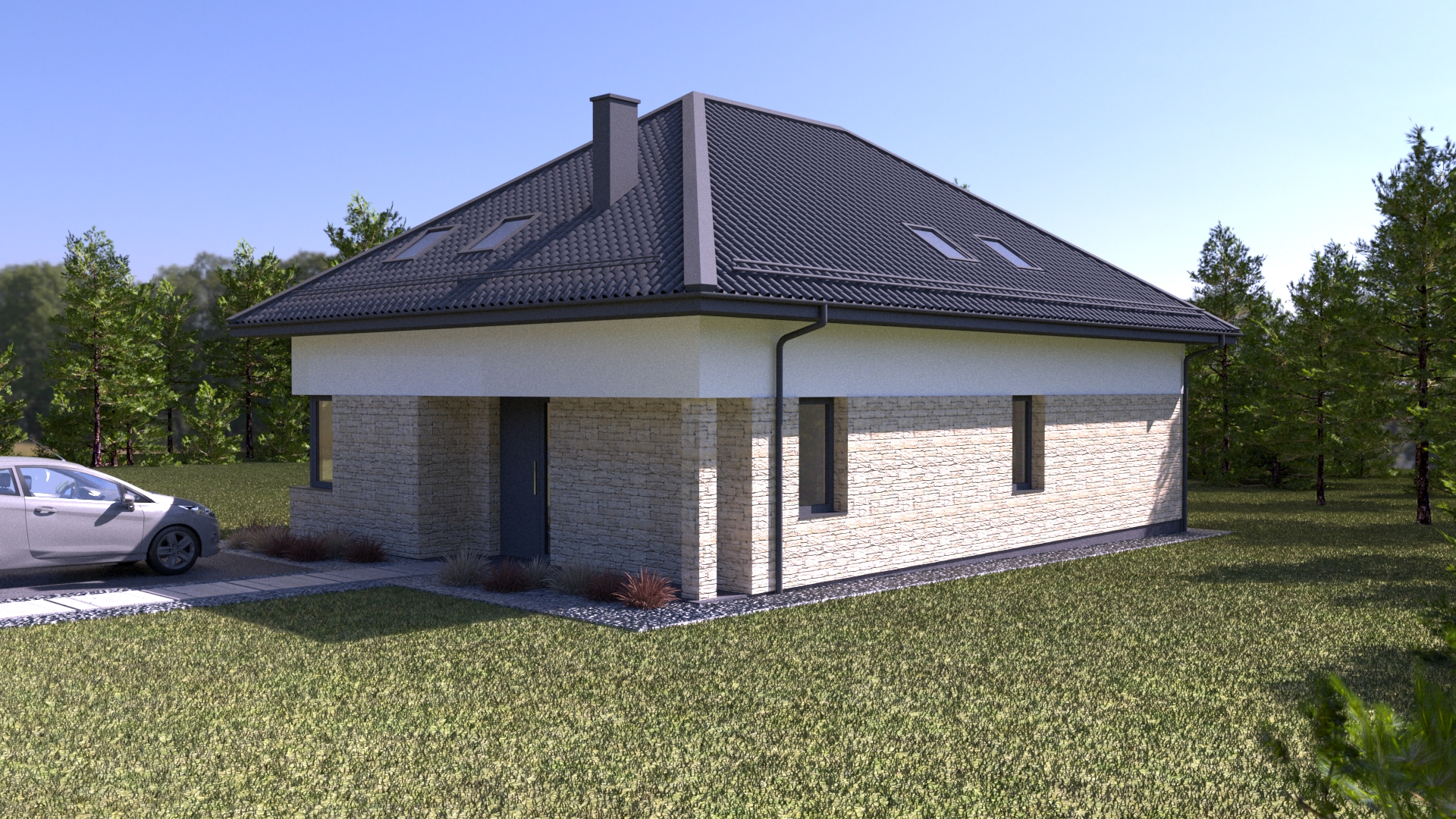 Wizualizacja nowoczesnego domu jednorodzinnego z dachem kopertowym – projekt architektoniczny Nowy Sącz