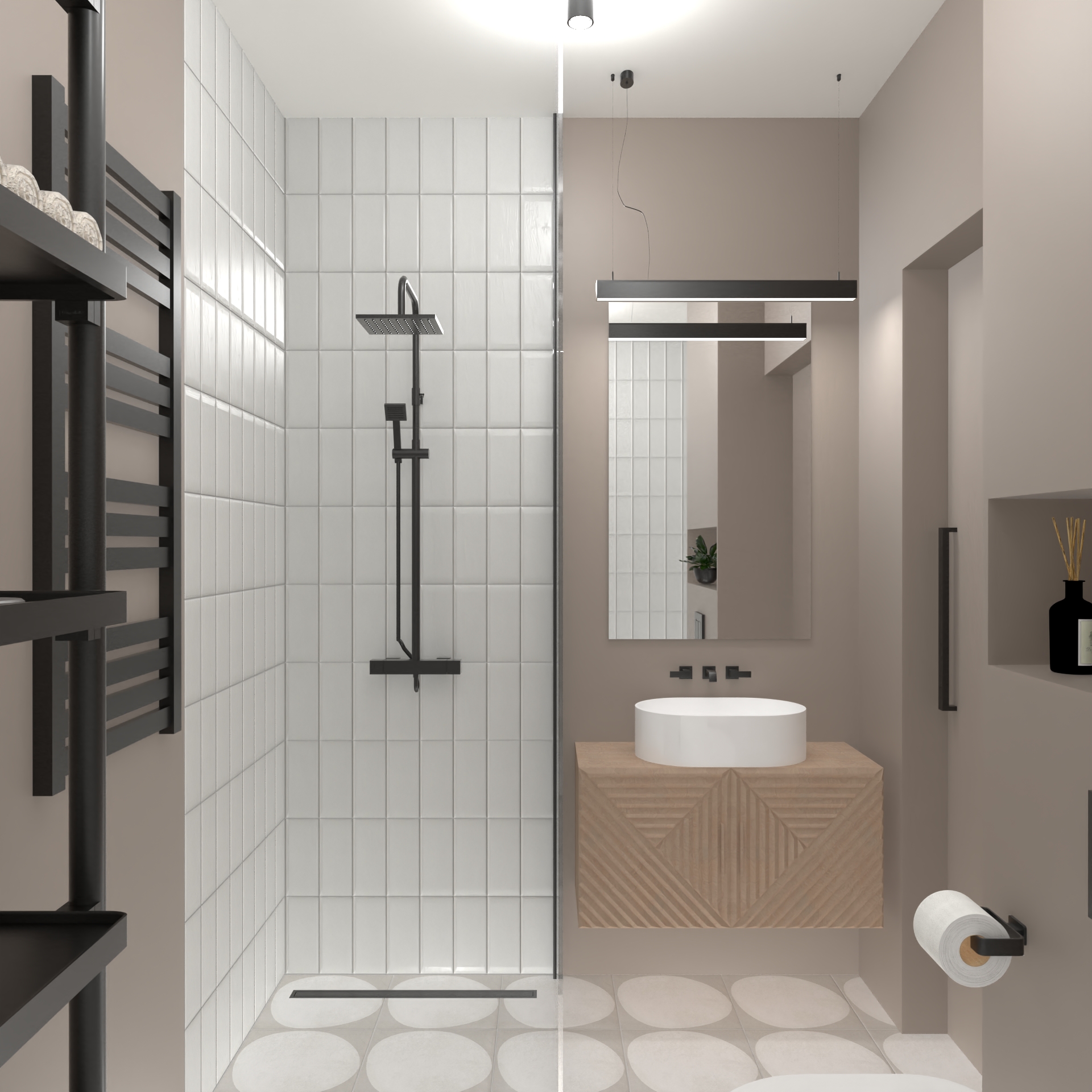 Łazienka z prysznicem, lustrem i designerską umywalką – projekt wnętrza z Nowego Sącza