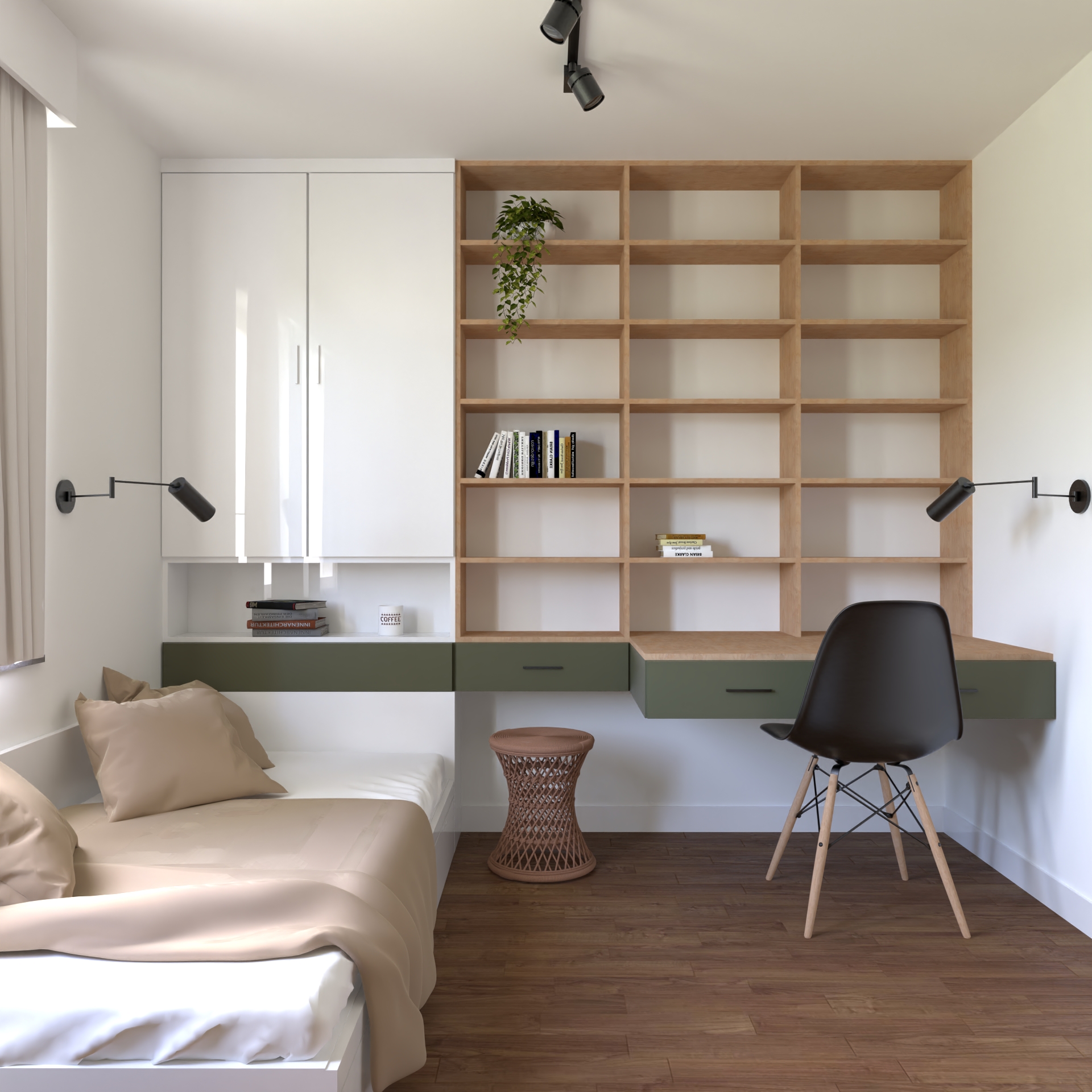 Domowe biuro z regałem na książki i minimalistycznym biurkiem – projekt architekta z Nowego Sącza