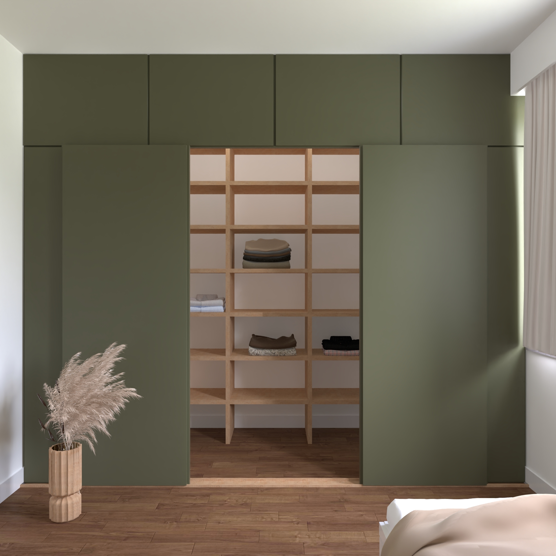 Zielona zabudowa garderoby z drewnianymi półkami – projekt architektoniczny Nowy Sącz