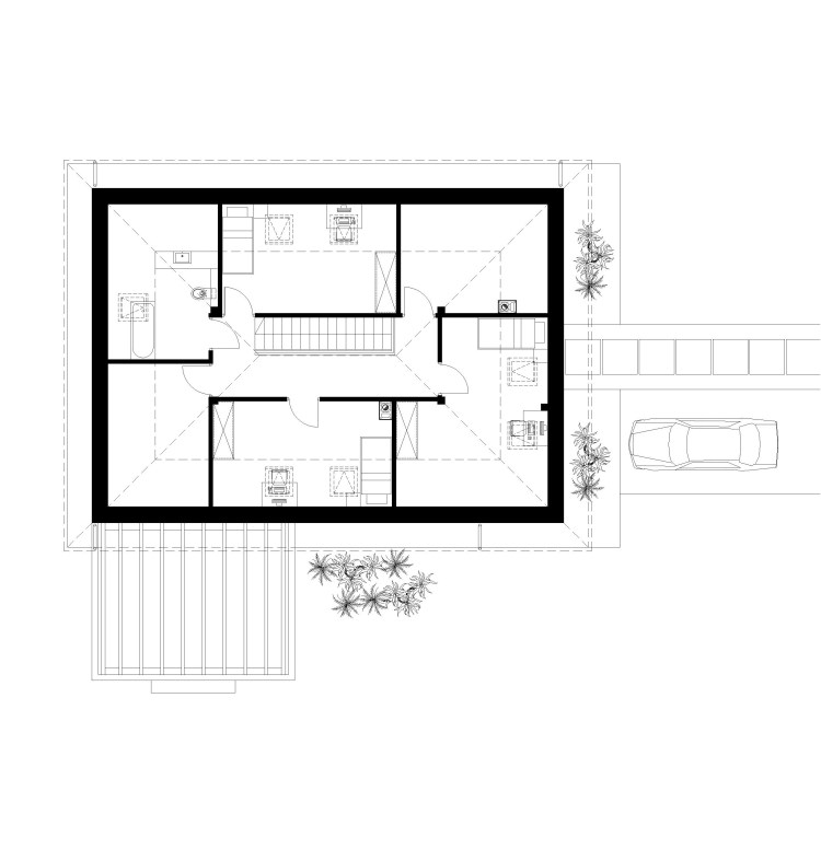 Rzut poddasza domu jednorodzinnego z trzema pokojami, łazienką i schowkami – projekt architektoniczny Nowy Sącz