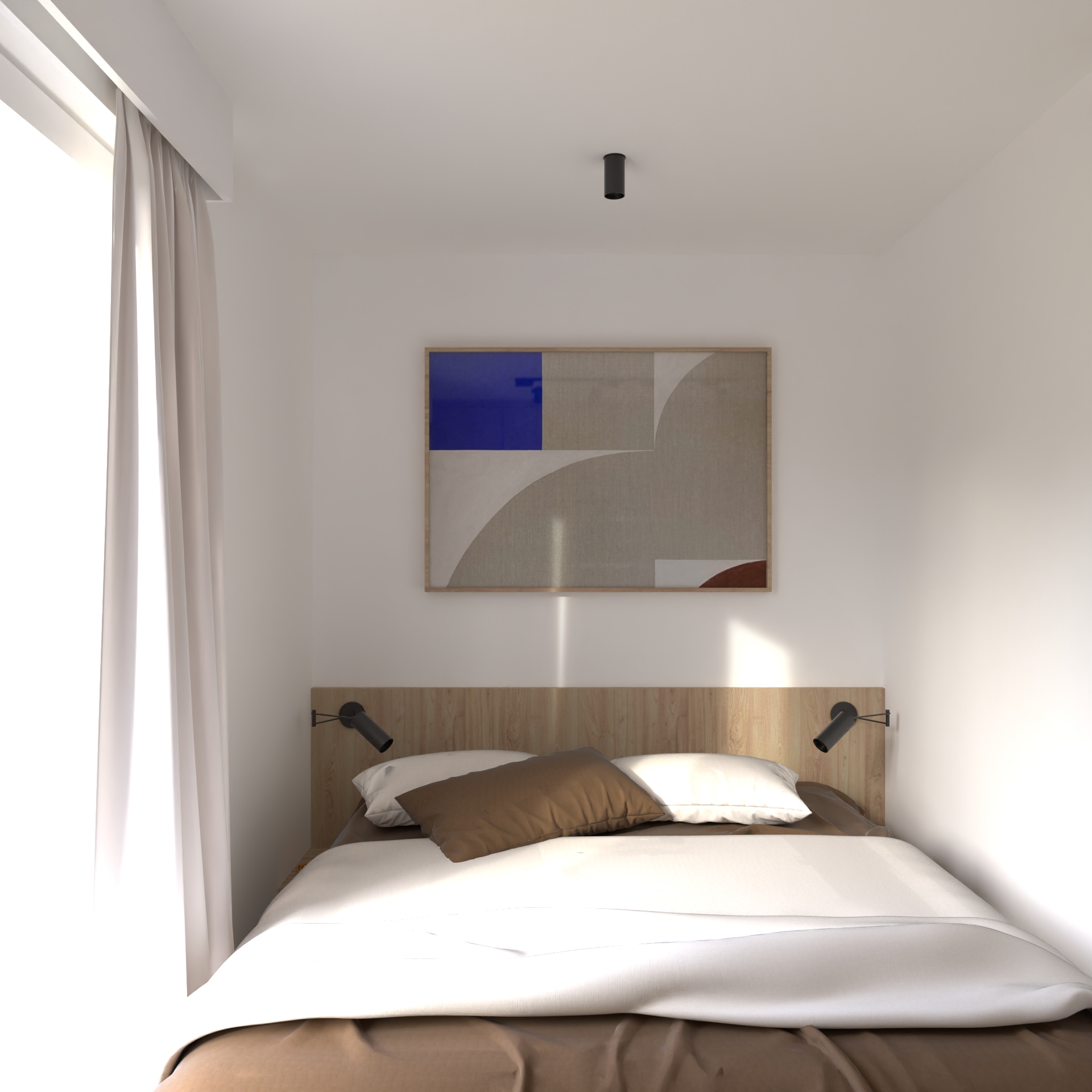 Minimalistyczna sypialnia z łóżkiem i obrazem na ścianie – projekt architektoniczny z Nowego Sącza