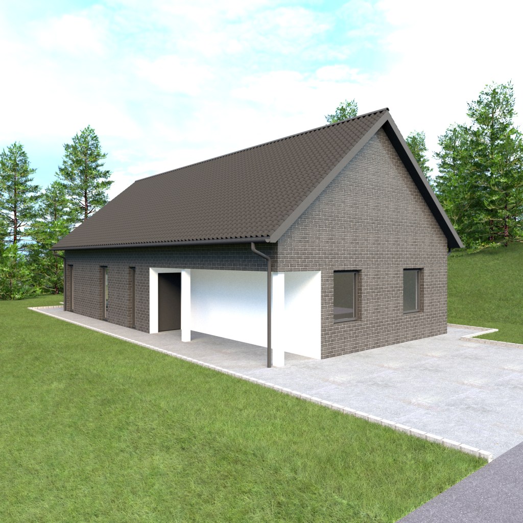 Parterowy dom w konstrukcji szkieletowej z dachem dwuspadowym i zadaszonym wejściem, elewacja z ciemnej cegły, projekt na wąską działkę.