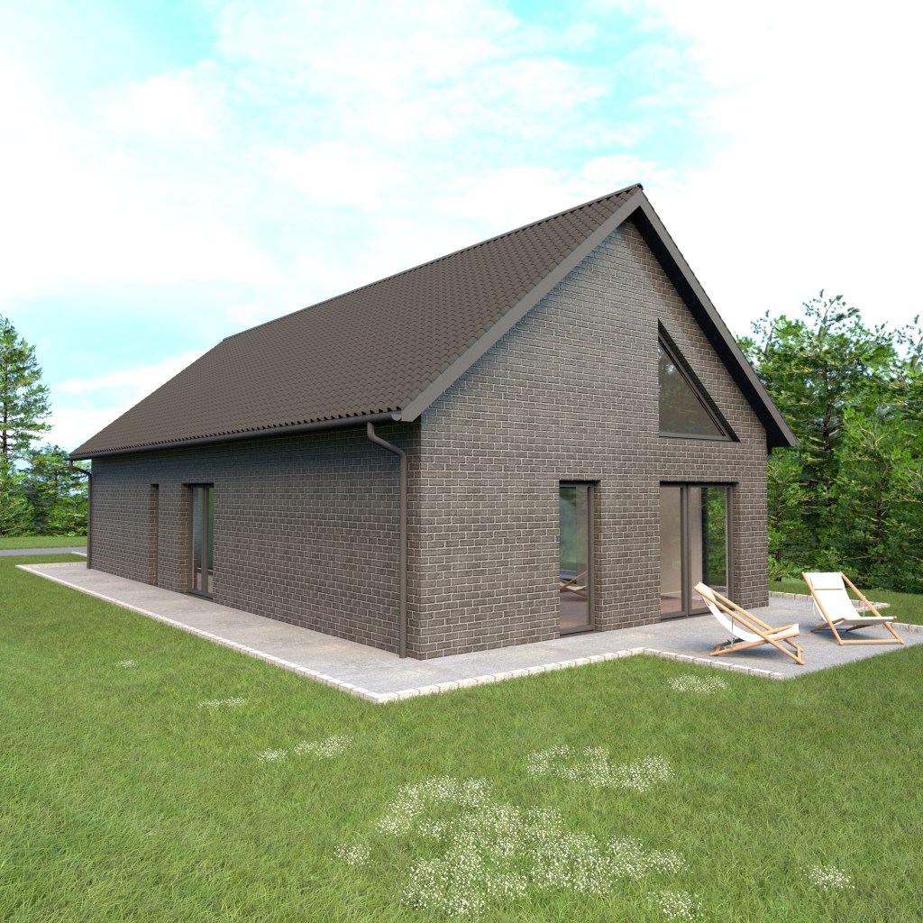 Parterowy dom z antresolą, elewacja ogrodowa z dużymi przeszkleniami i trójkątnym oknem w szczycie, dach dwuspadowy, ciemna cegła.