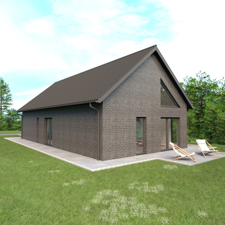 Parterowy dom z antresolą, elewacja ogrodowa z dużymi przeszkleniami i trójkątnym oknem w szczycie, dach dwuspadowy, ciemna cegła.