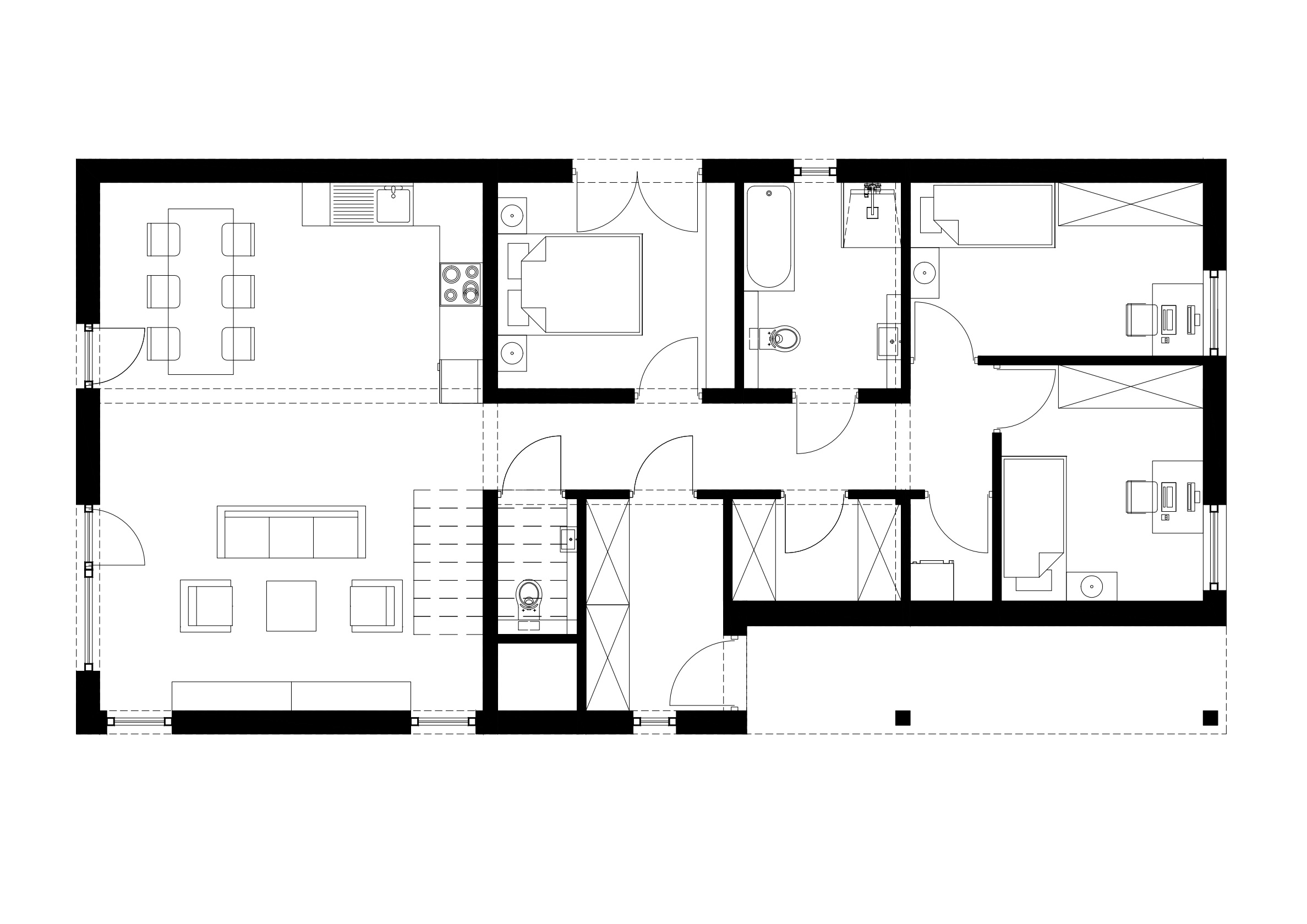 Rzut parteru domu jednorodzinnego z trzema sypialniami, salonem z wyjściem na taras, kuchnią z jadalnią, łazienką, WC oraz schodami na antresolę.